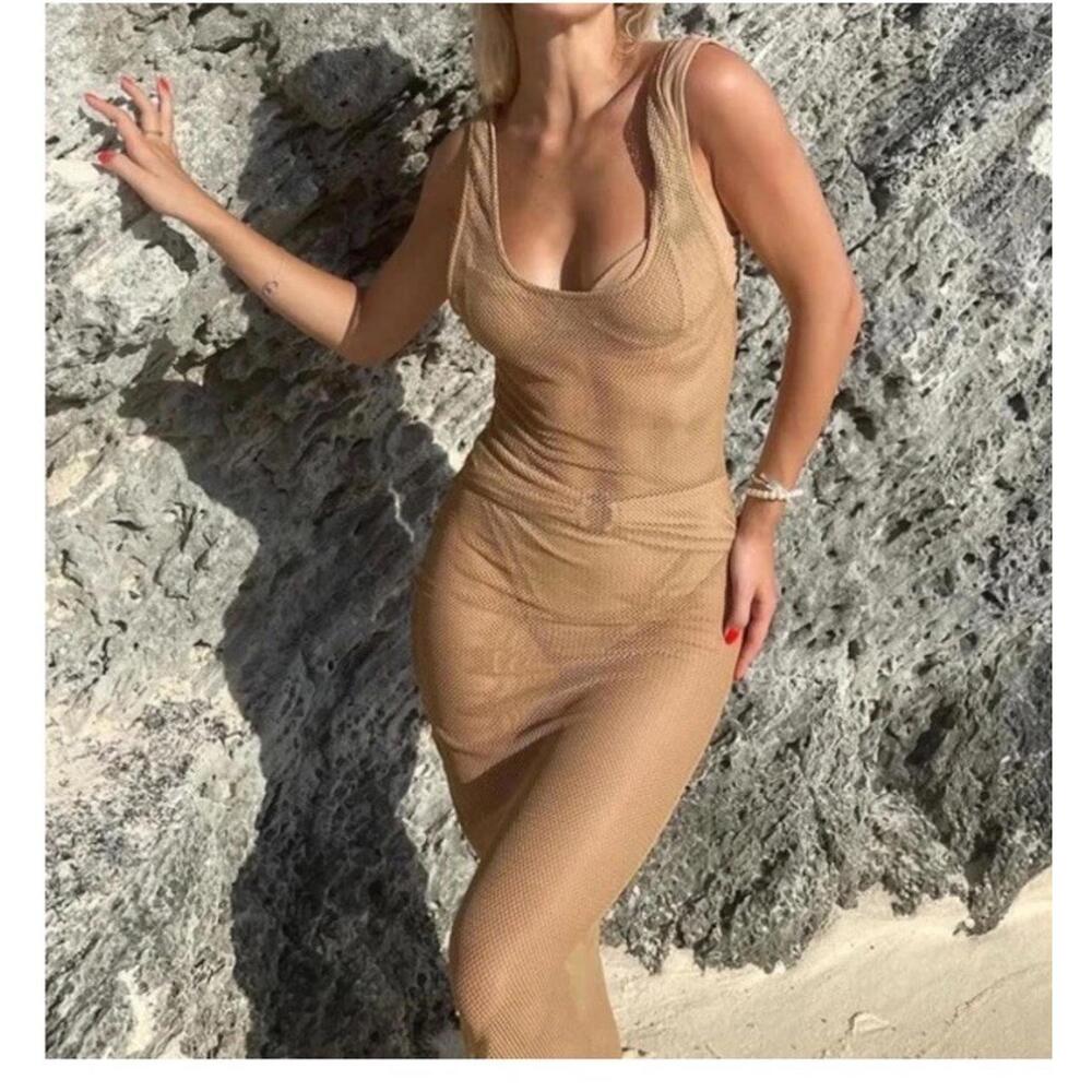 NWT $108 WeWoreWhat Fishnet Mesh Tan Beige Maxi Dress Size